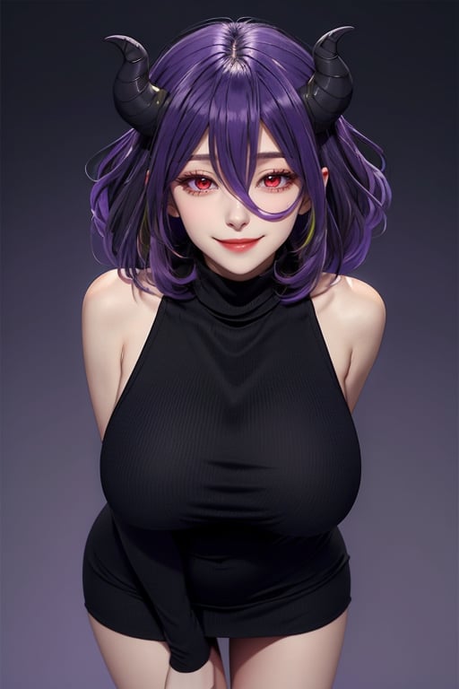 <lora:Vermeil-M1:0.8>,vermeil,1girl,solo,breasts,dress,red eyes,large breasts,demon girl,looking at viewer,short dress,turtleneck,sleeveless,bare shoulders,black dress,hair between eyes,virgin killer sweater,multicolored hair,gradient hair,evil smile,(purple hair:1.2),simple background,