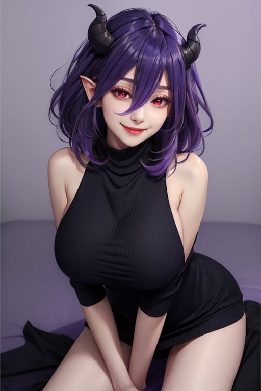 <lora:Vermeil-M1:0.8>,vermeil,1girl,solo,breasts,dress,red eyes,large breasts,demon girl,looking at viewer,short dress,turtleneck,sleeveless,bare shoulders,black dress,hair between eyes,virgin killer sweater,multicolored hair,gradient hair,evil smile,(purple hair:1.2),simple background,