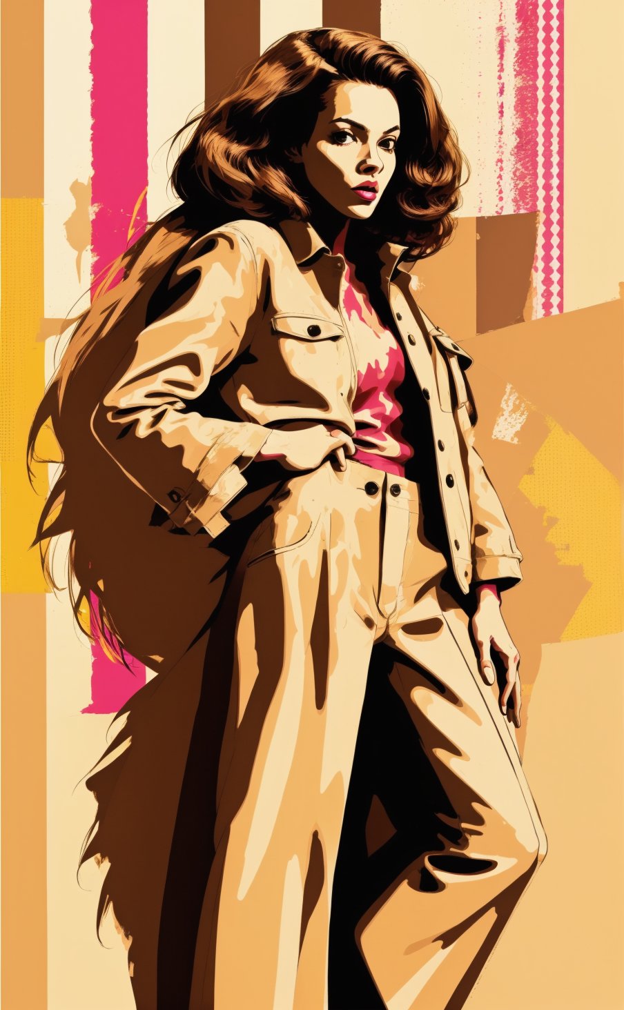 woman,  (full length)),  brown hair,  brown yeys,  expression,  (light beige skin),  fashionable, pop art,  high contrast,  colorfull,<lora:EMS-301702-EMS:0.800000>