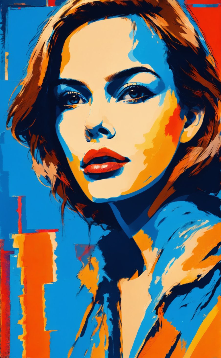 woman,  (full length),  (blue colors),  brown hair,  brown yeys,  light beige leather,  fashionable, pop-art,  abstract,  expression colors,  abstract painting style, pop art,  oil painting,<lora:EMS-301702-EMS:1.000000>