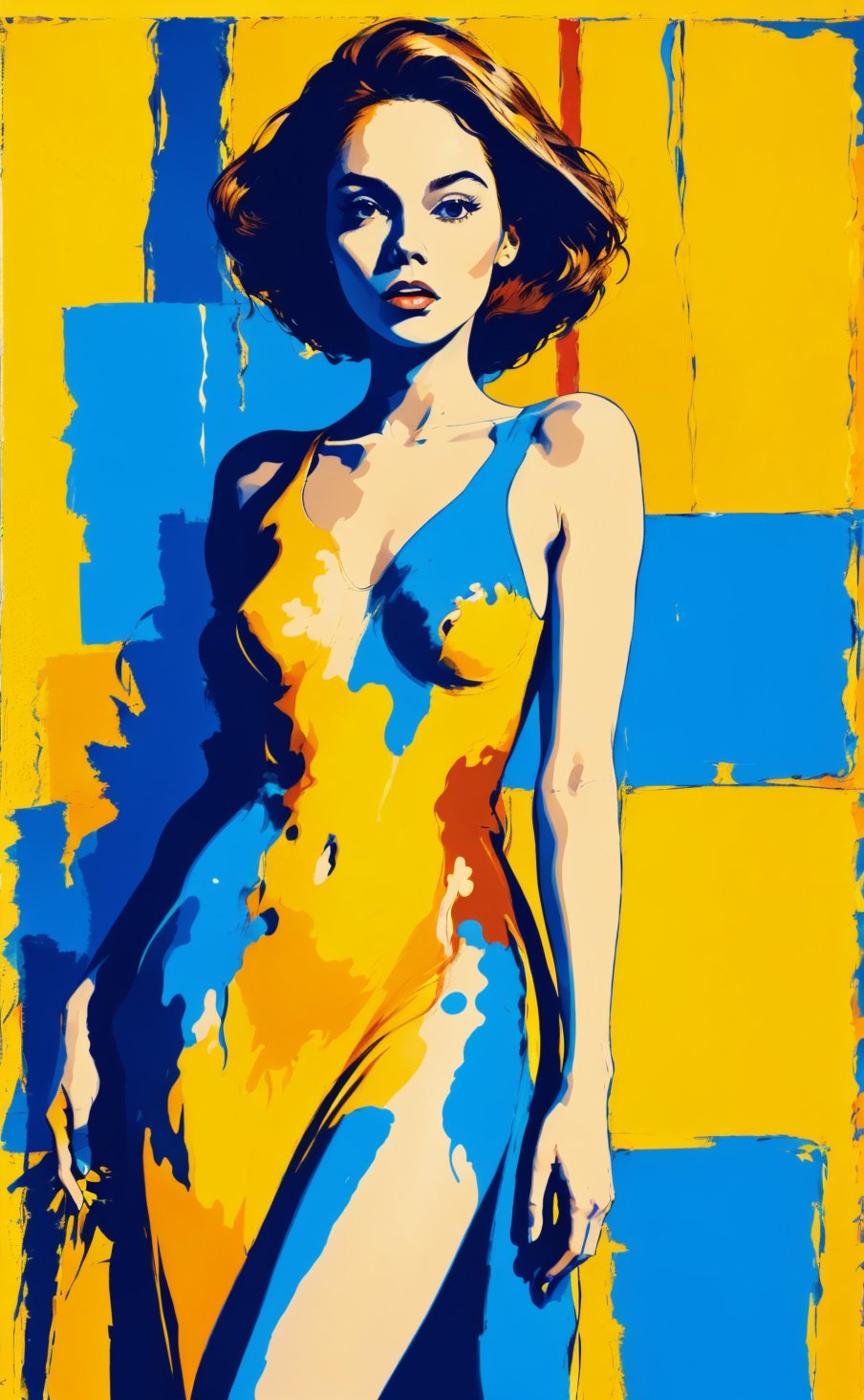 woman,  in dress,  (full length),  (blue colors),  brown hair,  brown yeys,  (light beige skin),  fashionable, pop-art,  abstract,  expression colors,  abstract painting style, pop art,  oil painting,  simple yellow background,<lora:EMS-301702-EMS:0.800000>