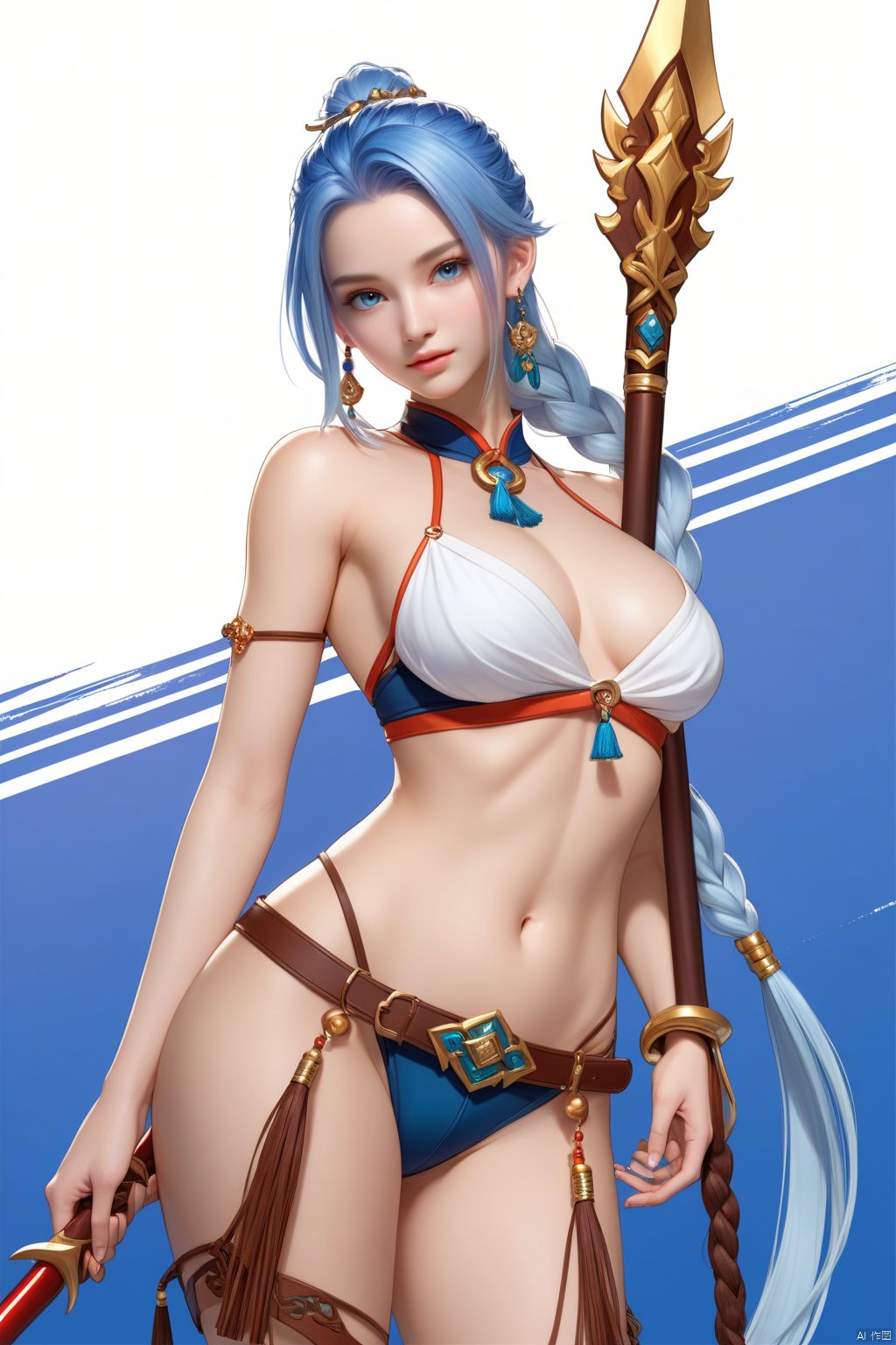  masterpiece, best quality, , 1girl, solo, long hair, breasts, looking at viewer, bangs, blue eyes, simple background, hair ornamen,t white background, navel, holding, jewelry, very long hair, collarbone, weapon, braid, white hair, thighs, cowboy shot, earrings, stomach, holding weapon, hair over one eye, tattoo, polearm, tassel, spear, braided ponytail, pasties, holding polearm,tassel earrings, maebari, shenhe \(genshin impact\), Artgerm style, Oda Non Style