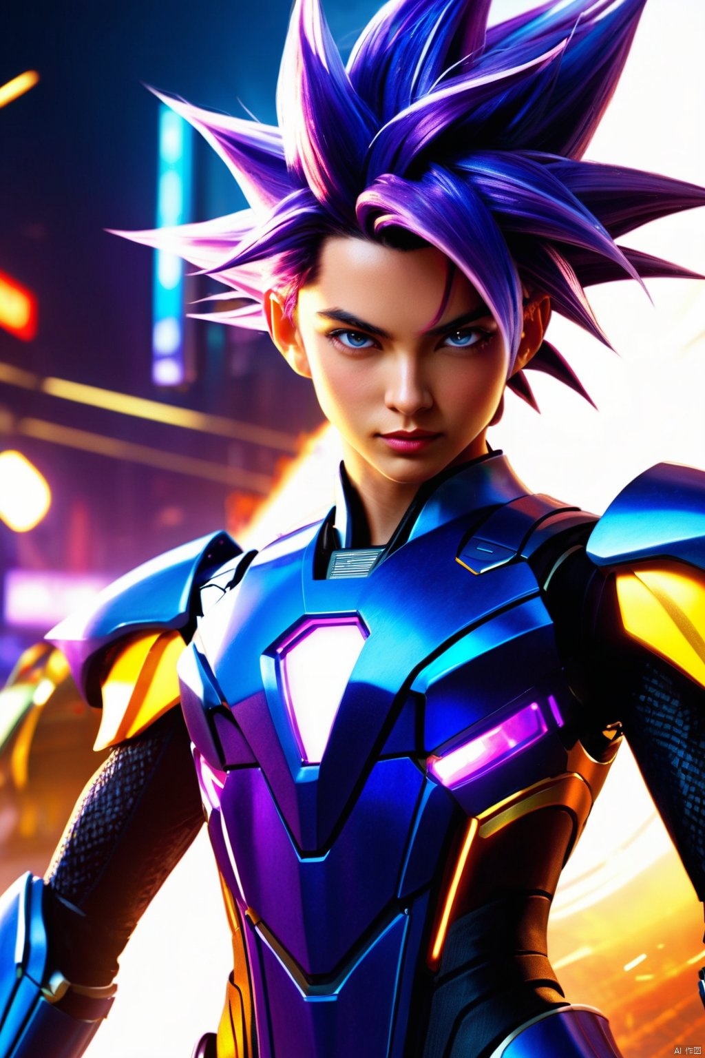 cinematic photo AND  Hyperrealistic art,  a woman in a blue costume with purple hair and blue eyes, alternate hairstyle, bisexual lighting, still from alita, blue and purple lighting, super saiyan sonic movie poster, official concept art, official artwork hdr, cool purple lighting, epic cold blue lighting, concept art for movie, big glowing netflix logo behind, purple lightning, movie still of robot goku, movie concept art . 35mm photograph, film, bokeh, professional, 4k, highly detailed