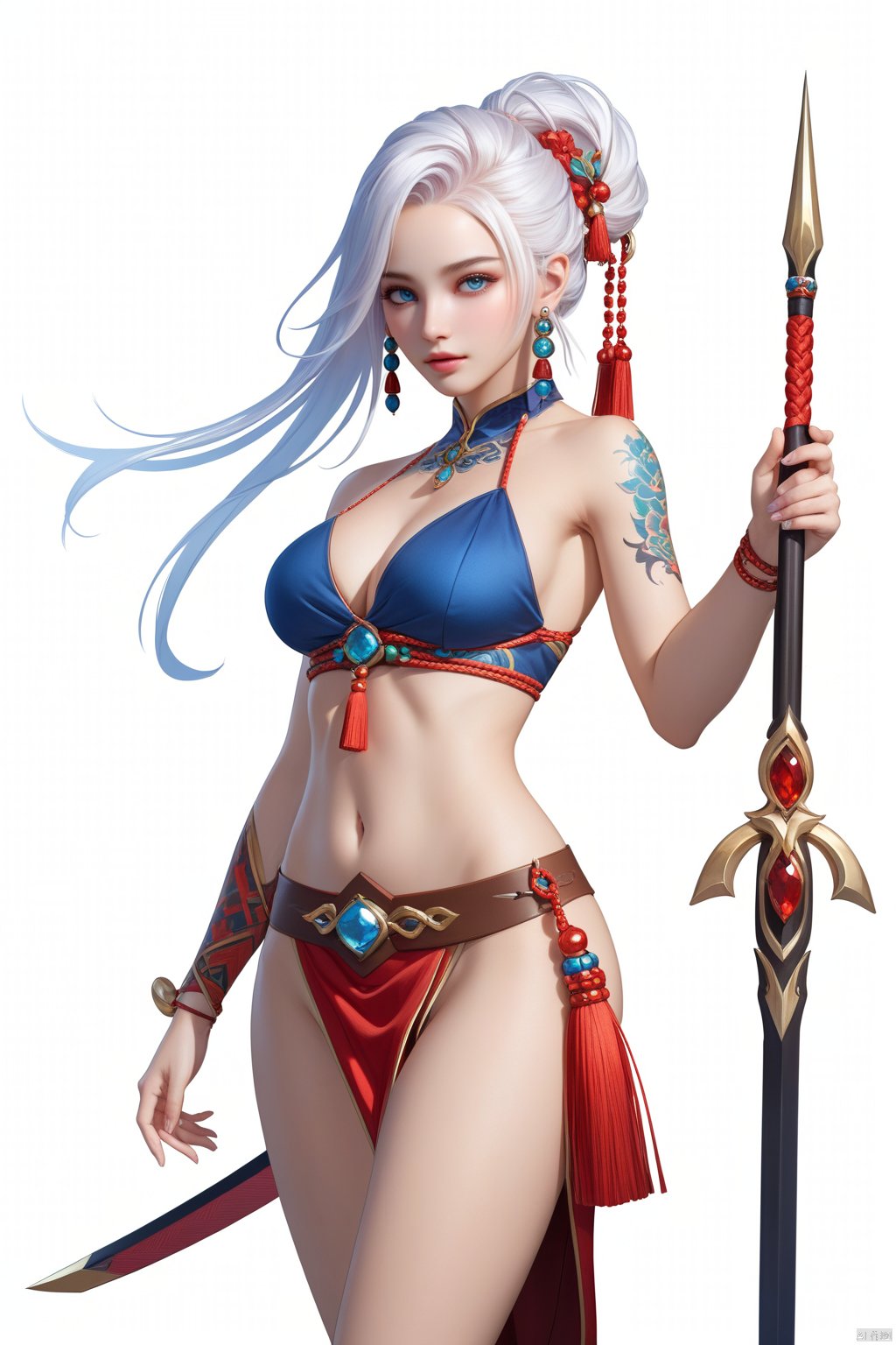  masterpiece, best quality, , 1girl, solo, long hair, breasts, looking at viewer, bangs, blue eyes, simple background, hair ornamen,t white background, navel, holding, jewelry, very long hair, collarbone, weapon, braid, white hair, thighs, cowboy shot, earrings, stomach, holding weapon, hair over one eye, tattoo, polearm, tassel, spear, braided ponytail, pasties, holding polearm,tassel earrings, maebari, shenhe \(genshin impact\), Artgerm style, Oda Non Style