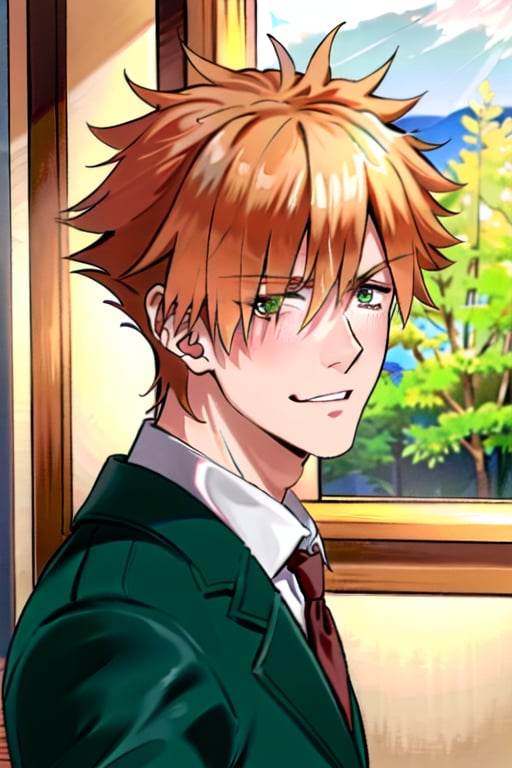 1guy, male, Robin Hood(Fate), ((solo)), (looking_at_viewer), shy, blush, smile, (standing), from side,
short hair, orange hair, spiked hair, green_eyes, ((hair_over_one_eye)), suit,
upper_body, (indoors),
(perfect detailed face), ((clear face)), detailed eyes, ((clear details)), anime,
(highly detailed), masterpiece, ((best quality)),  illustrations,Robin Hood(Fate)