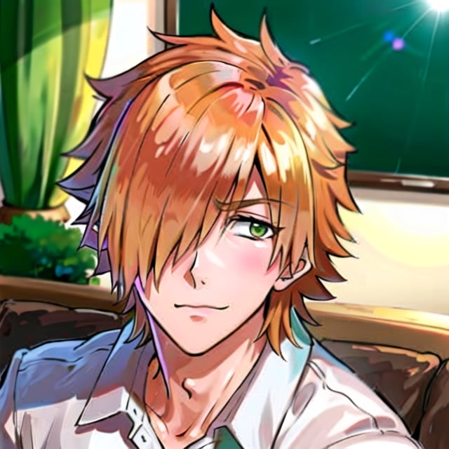 1guy, male, Robin Hood(Fate), ((solo)), (looking_at_viewer), shy, blush, smile,sit, from side,
short hair, orange hair, spiked hair, green_eyes, ((hair_over_one_eye)), blouse,
upper_body, (indoors),
(perfect detailed face), ((clear face)), detailed eyes, ((clear details)), 
(highly detailed), masterpiece, ((best quality)),  illustrations,