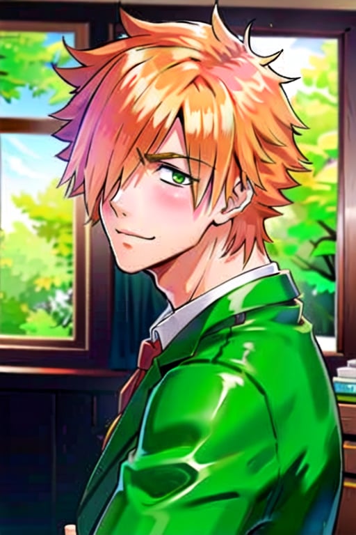 1guy, male, Robin Hood(Fate), ((solo)), (looking_at_viewer), shy, blush, smile, (standing), from side,
short hair, orange hair, spiked hair, green_eyes, ((hair_over_one_eye)), suit,
upper_body, (indoors),
(perfect detailed face), ((clear face)), detailed eyes, ((clear details)), anime,
(highly detailed), masterpiece, ((best quality)),  illustrations,