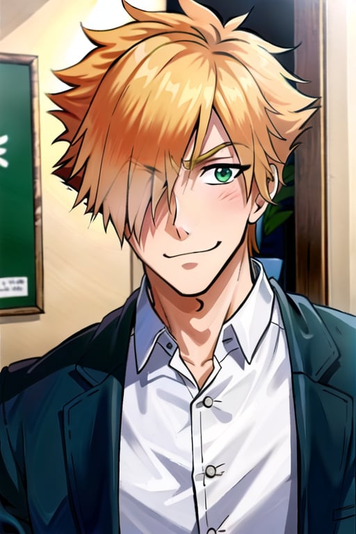 1guy, male, Robin Hood(Fate), ((solo)), (looking_at_viewer), shy, blush, smile, (standing), side,
short hair, orange hair, spiked hair, green_eyes, ((hair_over_one_eye)), suit,
upper_body, (indoors),
(perfect detailed face), ((clear face)), detailed eyes, ((clear details)), anime,
(highly detailed), masterpiece, ((best quality)),  illustrations,