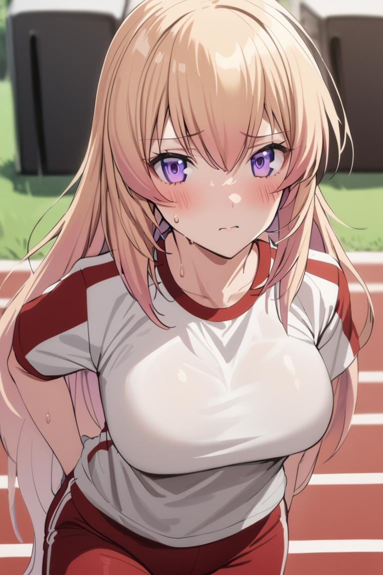 masterpiece, best quality, ultra detailed, cute,1girl, solo, female, ichinose honami, purple eyes , long hair, blonde hair, white tshirt, red pants, track pants, gym unifrom, sweat, working out, running, motion, tired, tried face,  , blush, ,cowboy shot, looking at viewer, best quality, absurdres, best aesthetic <lora:Ichinose_Honami_XL:0.9>