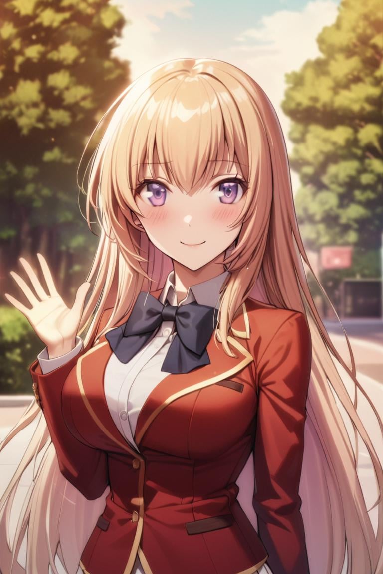 masterpiece, best quality, ultra detailed, cute,1girl, solo, female, ichinose honami, purple eyes , long hair, blonde hair, school uniform, bow tie, red jacket, white skirt, pleated skirt, waving hand, saying hi,  outdoors, upper body, blush, light smile ,cowboy shot, looking at viewer, best quality, absurdres, best aesthetic <lora:Ichinose_Honami_XL:0.9>