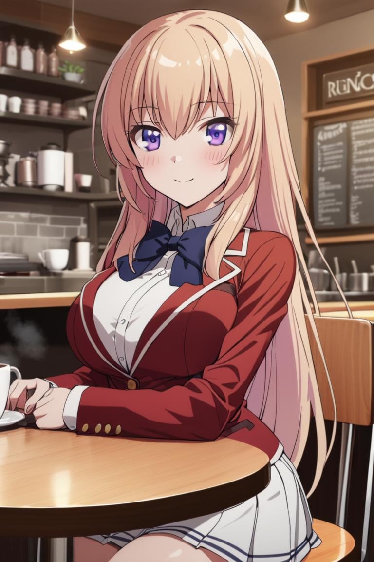 masterpiece, best quality, ultra detailed, cute,1girl, solo, female, ichinose honami, purple eyes , long hair, blonde hair, anime screencapschool uniform, bow tie, red jacket, white skirt, pleated skirt,  indoors, coffee shop, cafe, sitting, table, coffee, reading book, book, , , blush, light smile ,cowboy shot, looking at viewer, best quality, absurdres, best aesthetic <lora:Ichinose_Honami_XL:0.9>