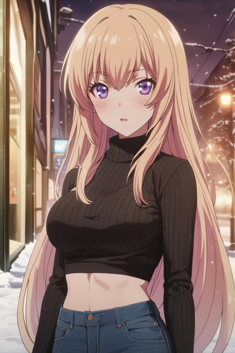 masterpiece, best quality, ultra detailed, cute,1girl, solo, female, ichinose honami, purple eyes , long hair, blonde hair, anime screencap,croptop, jeans, street, buildings,  snow, winter, outdoors,snow flakes, snowfall, , blush, cute, fog, upper body, cowboy shot, looking at viewer, best quality, absurdres, best aesthetic <lora:Ichinose_Honami_XL:0.9>