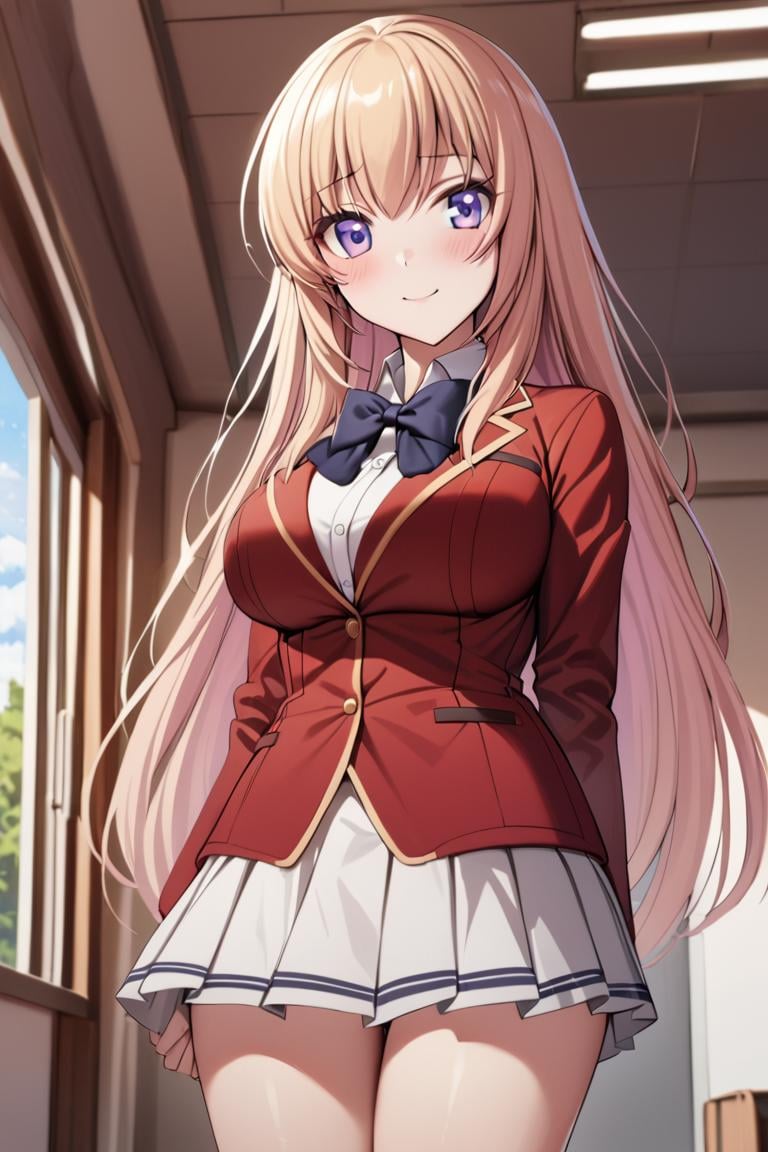 masterpiece, best quality, ultra detailed, cute,1girl, solo, female, ichinose honami, purple eyes , long hair, blonde hair, school uniform, bow tie, red jacket, white skirt, pleated skirt,  indoors, classroom, school, , , blush, light smile ,cowboy shot, looking at viewer, best quality, absurdres, best aesthetic <lora:Ichinose_Honami_XL:0.9>