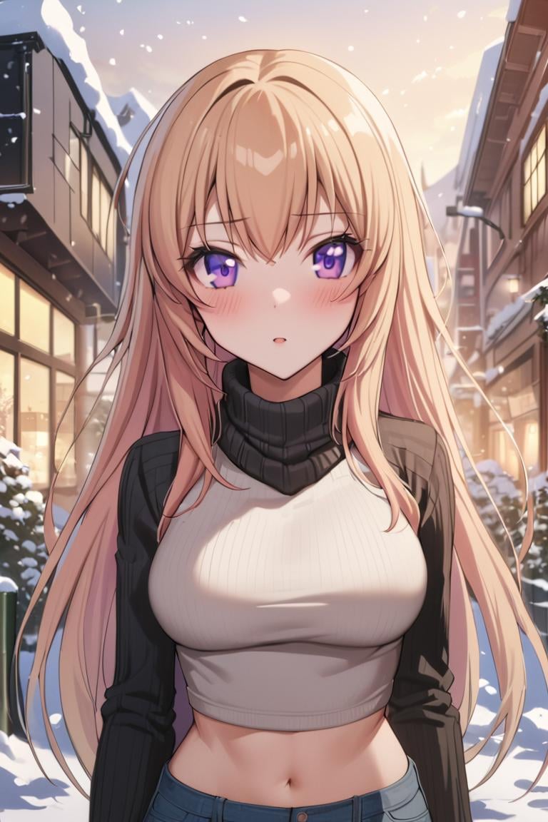 masterpiece, best quality, ultra detailed, cute,1girl, solo, female, ichinose honami, purple eyes , long hair, blonde hair, croptop, jeans, street, buildings,  snow, winter, outdoors,snow flakes, snowfall, , blush, cute, fog, upper body, cowboy shot, looking at viewer, best quality, absurdres, best aesthetic <lora:Ichinose_Honami_XL:0.9>