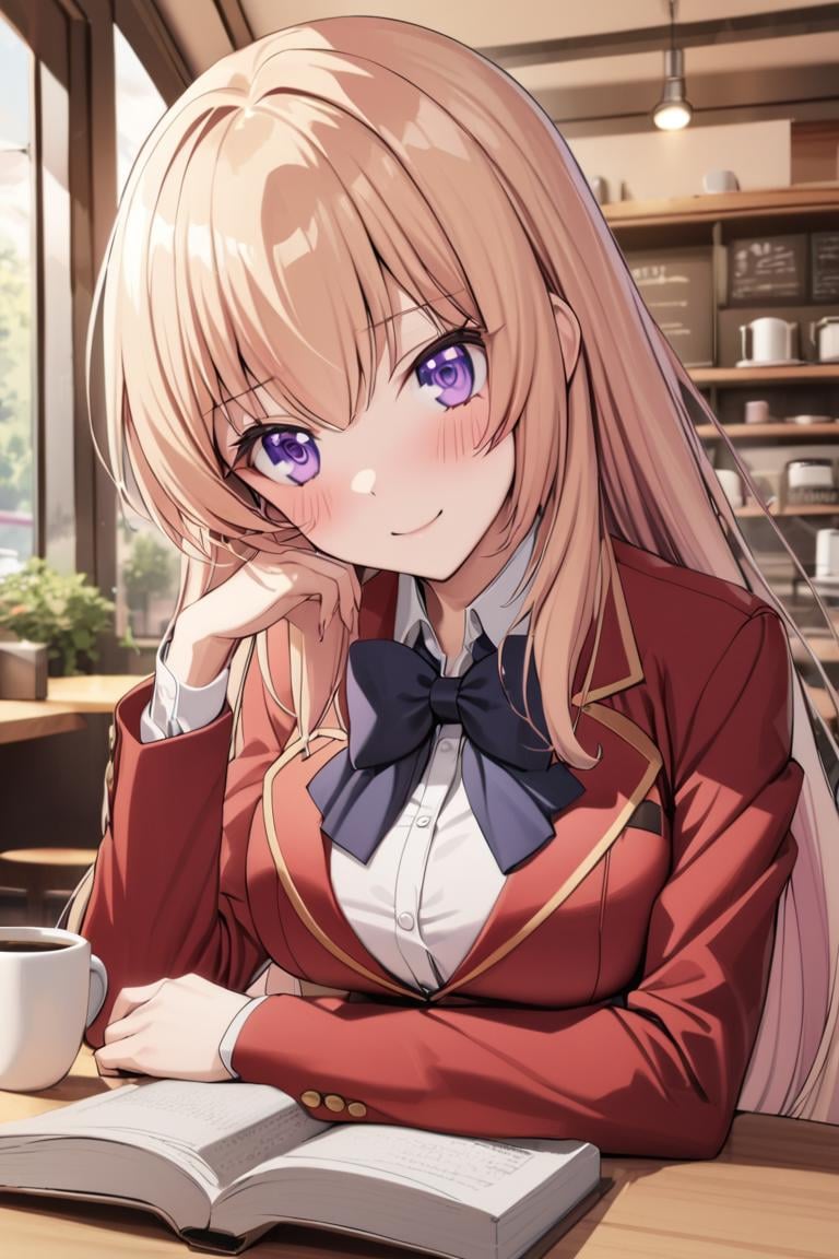 masterpiece, best quality, ultra detailed, cute,1girl, solo, female, ichinose honami, purple eyes , long hair, blonde hair, school uniform, bow tie, red jacket, white skirt, pleated skirt,  indoors, coffee shop, cafe, sitting, table, coffee, reading book, book, , , blush, light smile ,cowboy shot, looking at viewer, best quality, absurdres, best aesthetic <lora:Ichinose_Honami_XL:0.9>