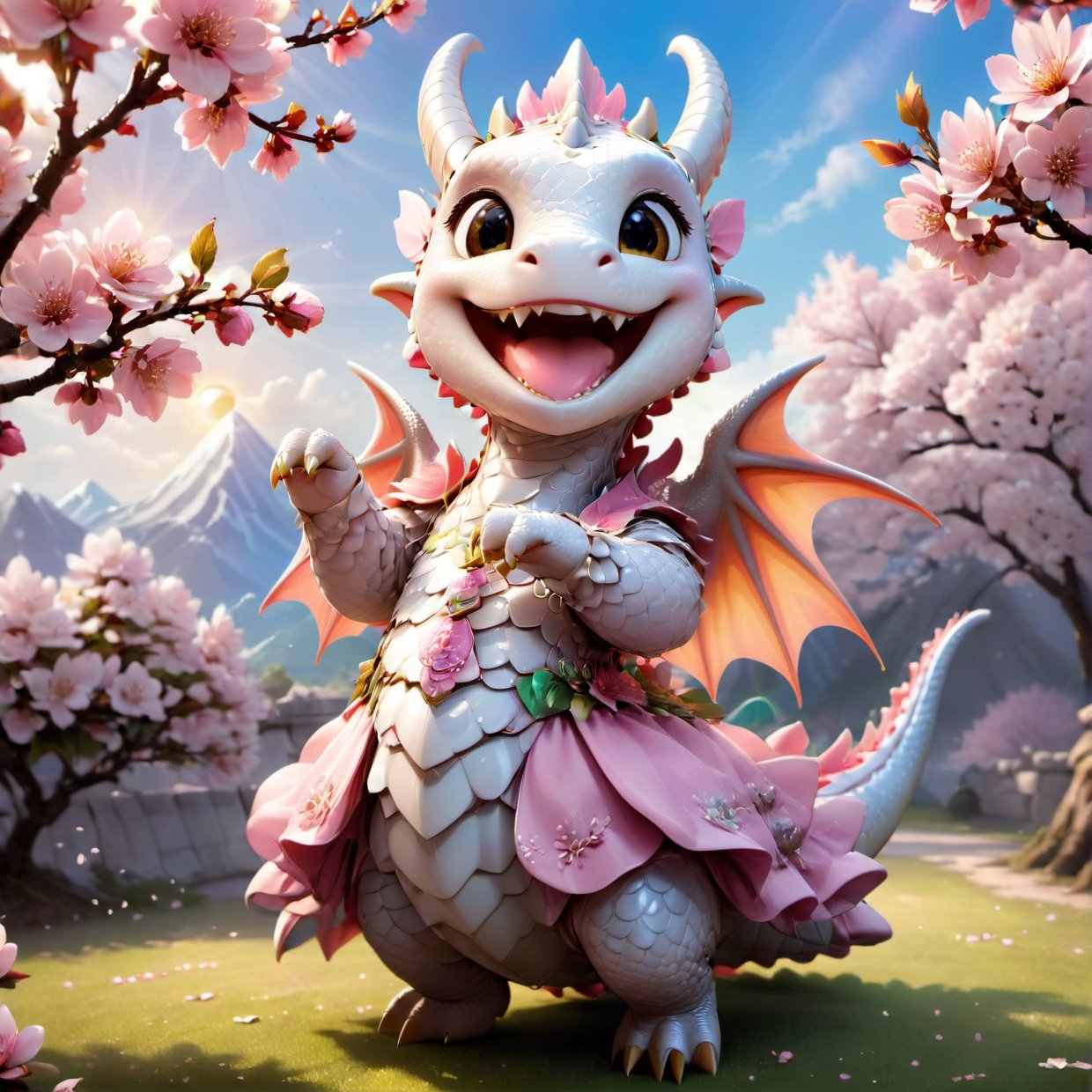  portrait of cute dragon,(singing pose), high quality,() ,intricate details, highly detailed dress ,smile,highly detailed flower decorations, long tail , (wind effect), cherry_blossom background,sun light,perfect lighting,(full body image:1.5),more detail XL,,cute dragon,sticker,ULTIMATE LOGO MAKER [XL],disney pixar style