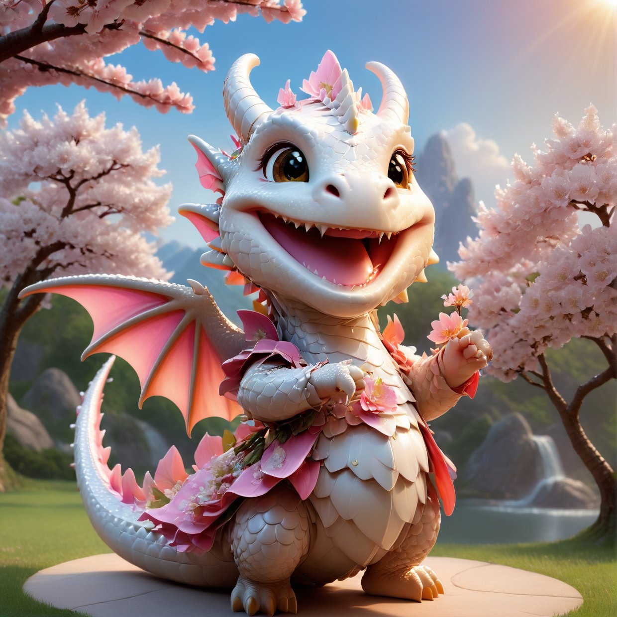  portrait of cute dragon,(singing pose), high quality,() ,intricate details, highly detailed dress ,smile,highly detailed flower decorations, long tail , (wind effect), cherry_blossom background,sun light,perfect lighting,(full body image:1.5),more detail XL,,cute dragon,sticker,ULTIMATE LOGO MAKER [XL],disney pixar style