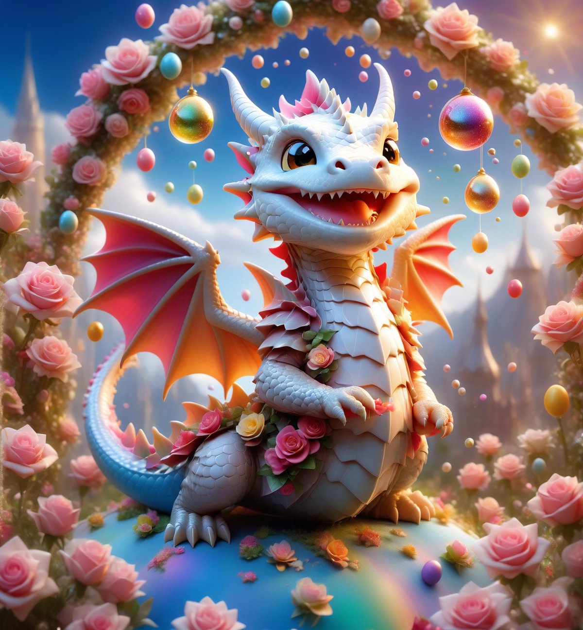 chibi cute dragon smiling charmingly, nestled among roses, gifts and golden seeds, framed by a verdant lawn dotted with Easter eggs, against a backdrop of blue skies and rainbow arches with floating soap bubbles, in a charmingly pose, photographed by Miki Asai with macro lens precision, trending on ArtStation with Greg Rutkowski's detailed fantasy style in 9k resolution, sharp focus aperture F 1.5, intricate details, setting studio photography, ultra high,cute dragon