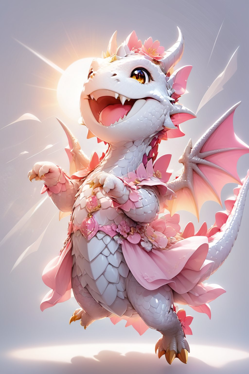  portrait of cute dragon,(dynamic  pose), high quality,(happy atmosphere) ,,smile, , (wind effect), cherry_blossom background,sun light,(full body image:1.5),,cute dragon