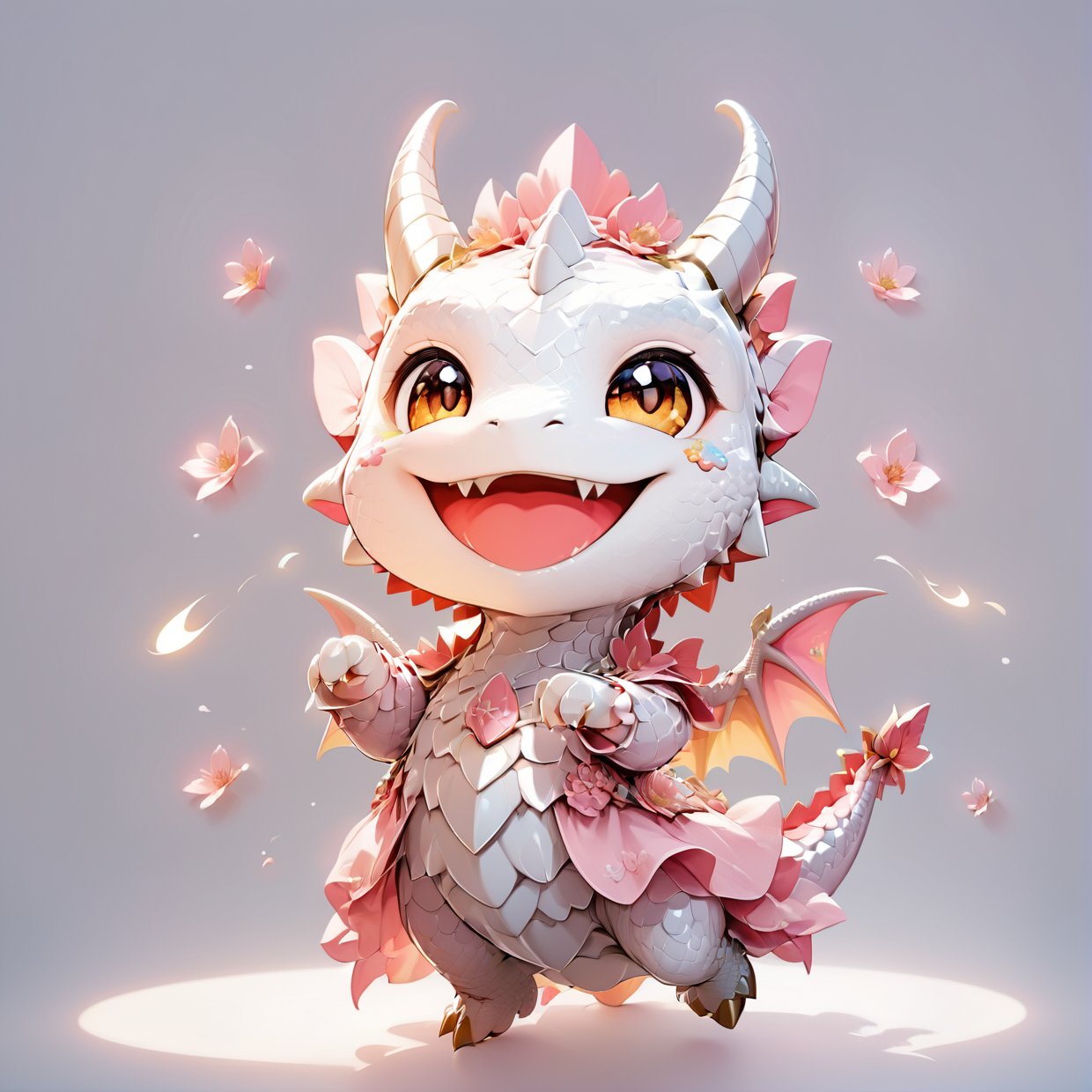  portrait of cute dragon,(dynamic  pose), high quality,(happy atmosphere) ,,smile, , (wind effect), cherry_blossom background,sun light,(full body image:1.5),,,cute dragon,sticker