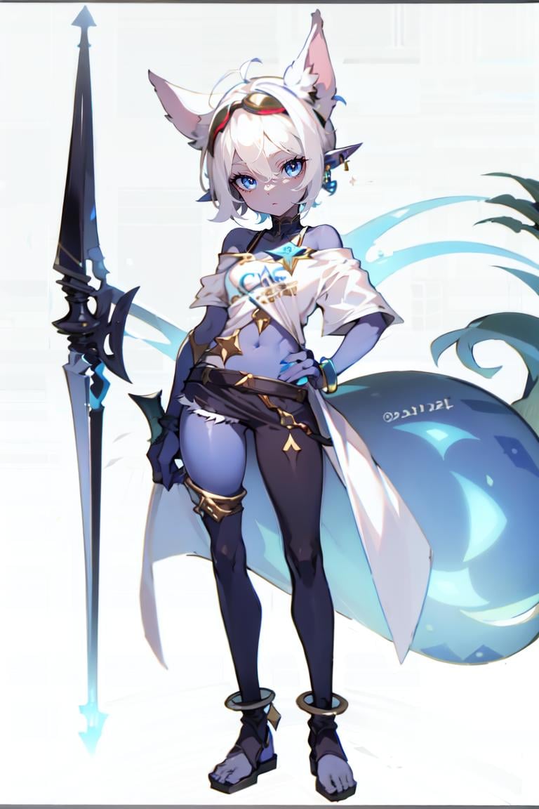 1girl,  yordle,  colored skin,  pointy ears,  goggles on head,  toeless legwear,  smile,  jewelry,  short hair,  earrings,  t-shirt,  off shoulder,  grin,  hand on hip,  weapon,  white hair,  oversized clothes,  full body,<lora:EMS-295527-EMS:0.900000>