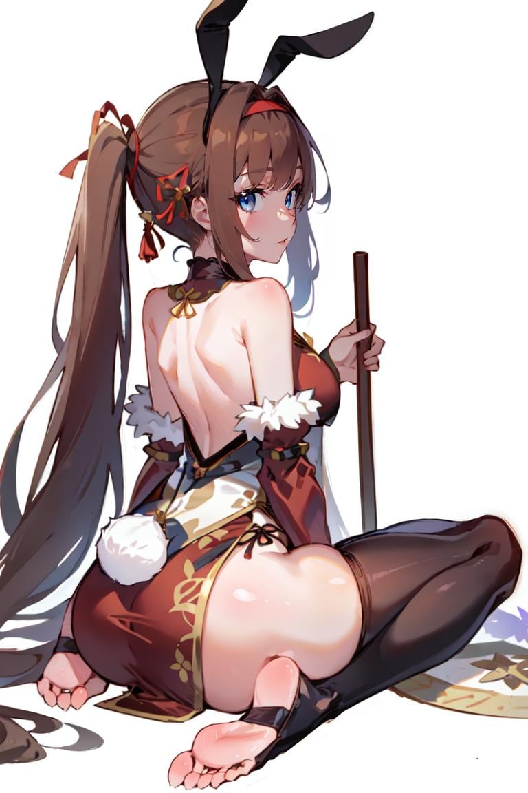 1girl,  mallet,  brown hair,  rabbit ears,  ass,  sitting,  twintails,  soles,  looking back,  white background,  wariza,  simple background,  toeless legwear,  red dress,  ahoge,  detached sleeves,  rabbit tail,  black thighhighs,  looking at viewer,  pinky out,  fur trim,  from behind,  kine,  toes,  chinese clothes,  feet,  brown eyes,  hair ornament,  china dress,  fake animal ears,  no shoes,  full body,  backless outfit,  bare shoulders,  holding hammer,  backless dress,  pelvic curtain,  blunt bangs,  long sleeves,  stirrup legwear,  closed mouth,  white hairband,<lora:EMS-295527-EMS:0.900000>