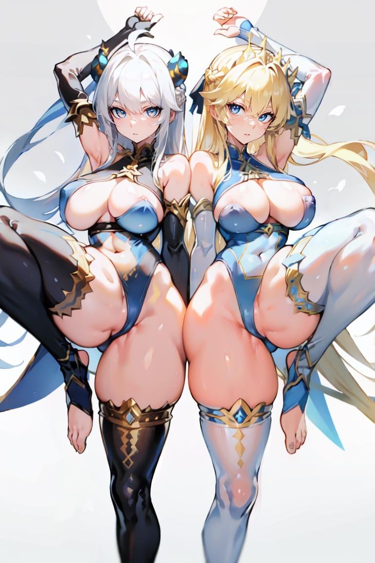 artoria pendragon (fate),  standing on one leg,  multiple girls,  artoria pendragon (lancer) (fate),  standing split,  2girls,  artoria pendragon (lancer alter) (fate),  large breasts,  yellow eyes,  underboob,  blush,  blonde hair,  crown,  blue thighhighs,  cleavage,  sidelocks,  ahoge,  hair between eyes,  horns,  leg up,  french braid,  bodysuit,  white background,  full body,  blue gloves,  highleg leotard,  long hair,  covered navel,  bangs,  sleeveless turtleneck leotard,  looking at viewer,  simple background,  thighs,  pale skin,  leg lift,  armpits,  tiptoes,  blue leotard,  stirrup legwear,<lora:EMS-295527-EMS:0.900000>