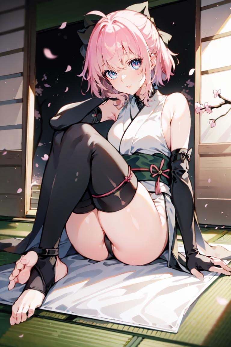 1girl,  okita souji (koha-ace),  okita souji (fate),  toeless legwear,  sitting,  sleeveless kimono,  japanese clothes,  no shoes,  smile,  feet,  underwear,  cherry blossoms,  black panties,  short kimono,  ahoge,  toes,  looking at viewer,  sash,  short hair,  petals,  hair bow,  soles,  pink hair,  black thighhighs,  obi,  yellow eyes,  black bow,  bare shoulders,  white kimono,  tatami,  hair between eyes,  arm guards,  pantyshot,  hands on own knees,  stirrup legwear,  full body,<lora:EMS-295527-EMS:0.900000>