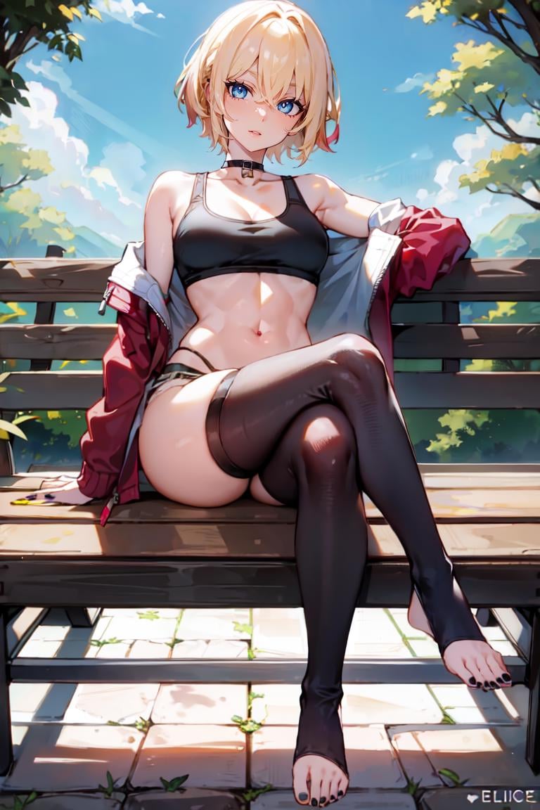 1girl,  toes,  sitting,  toenails,  toeless legwear,  feet,  crossed legs,  toenail polish,  glasses,  blonde hair,  clothes around waist,  nail polish,  smile,  looking at viewer,  bench,  black thighhighs,  cleavage,  grin,  yellow eyes,  underwear,  sports bra,  black choker,  medium breasts,  teeth,  pink nails,  pink bra,  red-framed eyewear,  barefoot,  short hair,  collarbone,  artist name,  stirrup legwear,  jacket around waist,<lora:EMS-295527-EMS:0.900000>