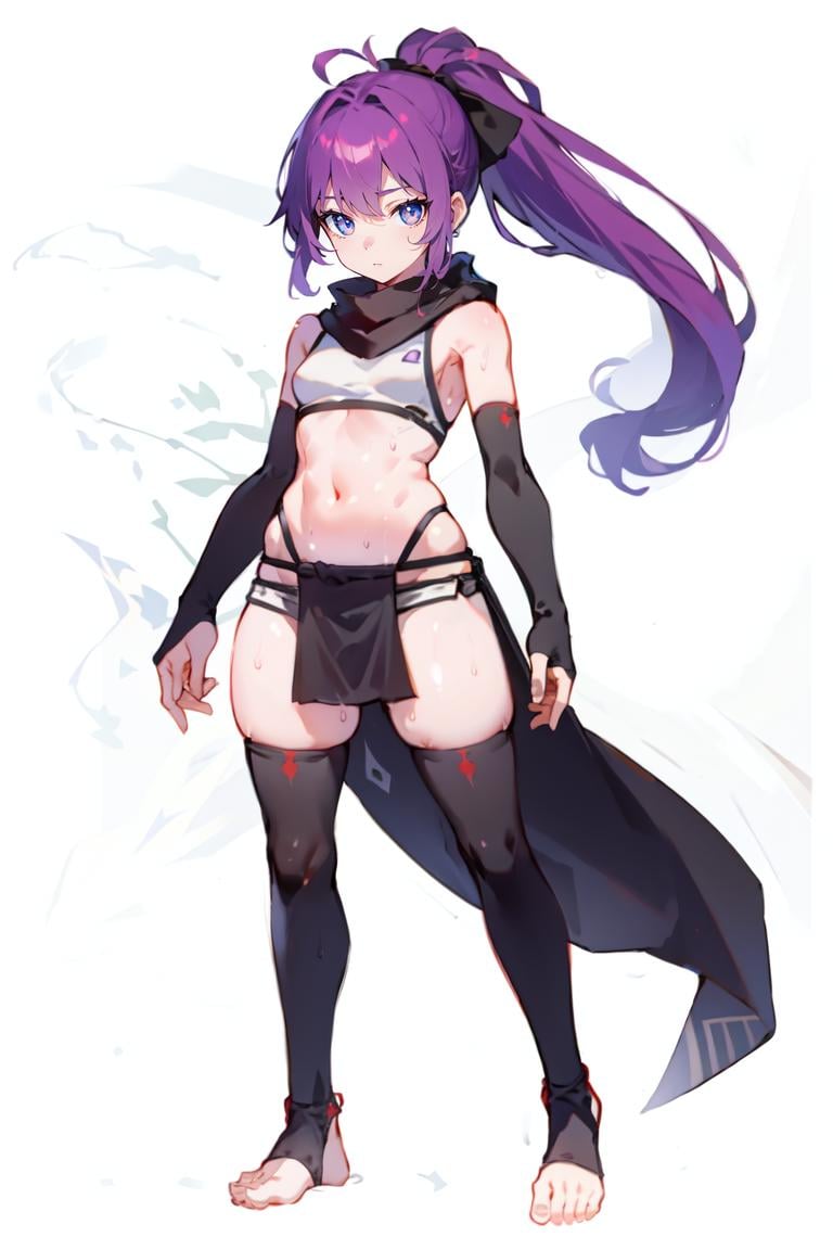 1girl,  purple hair,  red eyes,  white background,  toeless legwear,  full body,  simple background,  looking at viewer,  pelvic curtain,  ringed eyes,  standing,  navel,  black socks,  closed mouth,  jaggy lines,  ponytail,  clenched hands,  ninja,  midriff,  sweat,  stirrup legwear,  scarf,  no shoes,  toes,  bare shoulders,  blush,  hands up,<lora:EMS-295527-EMS:0.900000>