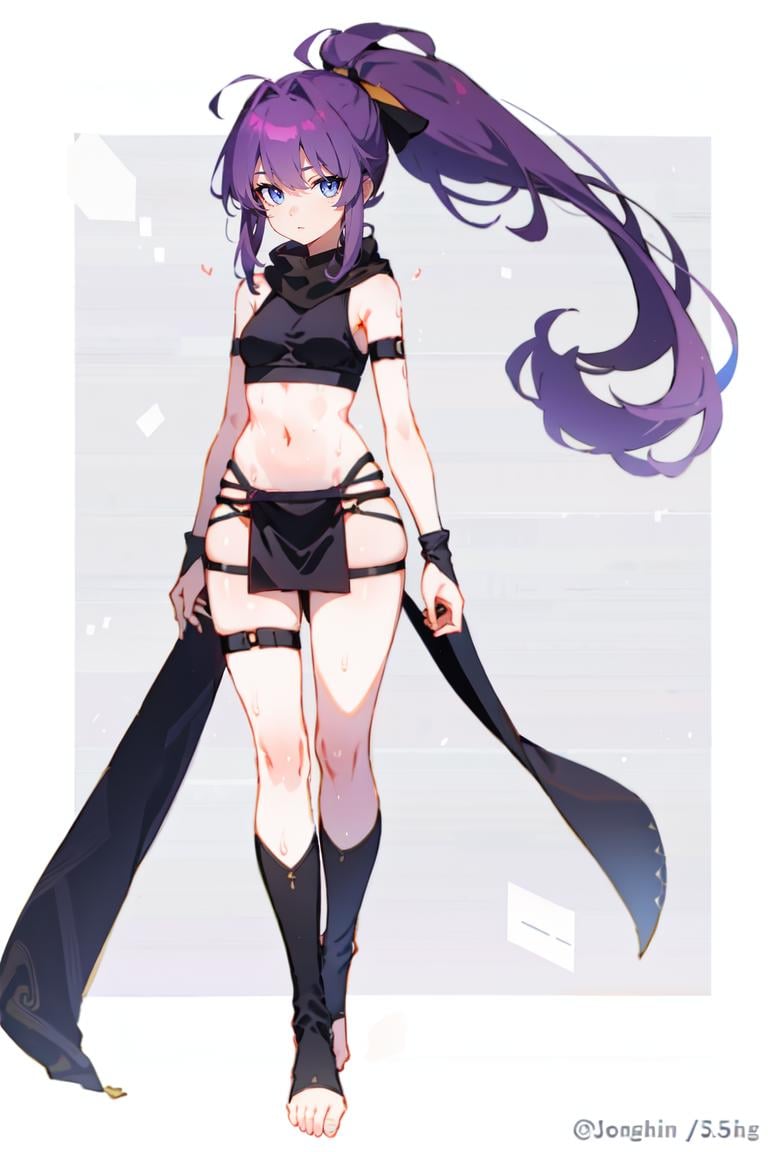 1girl,  purple hair,  red eyes,  white background,  toeless legwear,  full body,  simple background,  looking at viewer,  pelvic curtain,  ringed eyes,  standing,  navel,  black socks,  closed mouth,  jaggy lines,  ponytail,  clenched hands,  ninja,  midriff,  sweat,  stirrup legwear,  scarf,  no shoes,  toes,  bare shoulders,  blush,  hands up,<lora:EMS-295527-EMS:0.900000>