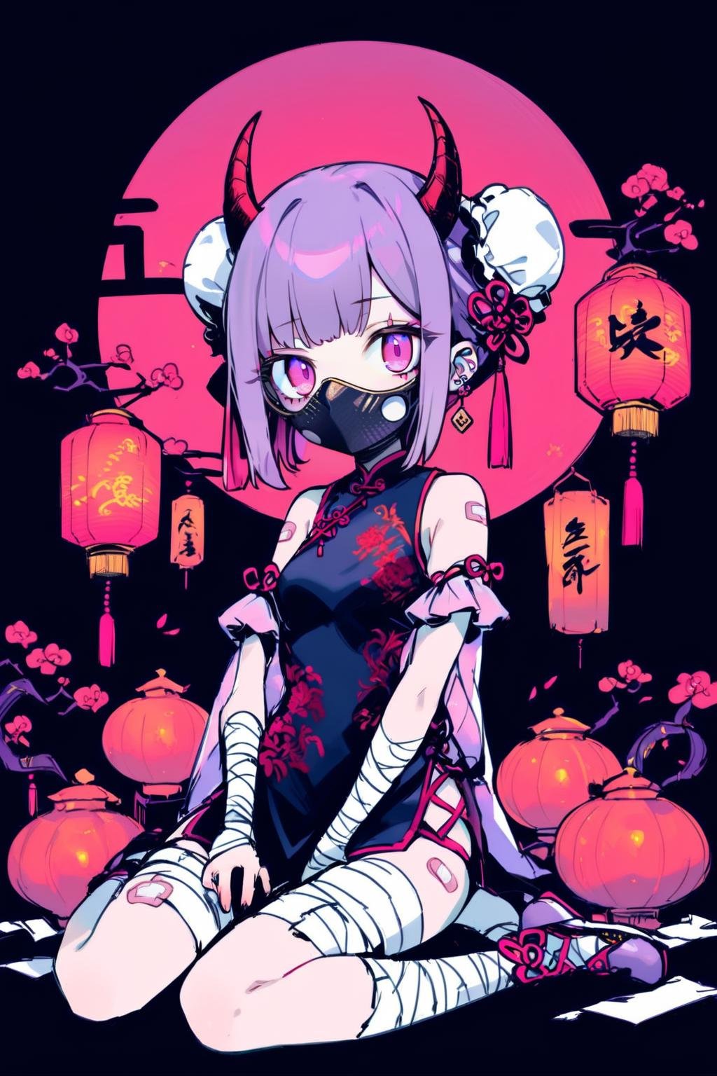 1girl,  solo,  looking at viewer,  bangs,  dress,  jewelry,  sitting,  full body,  purple hair,  earrings,  detached sleeves,  horns,  blunt bangs,  pink eyes,  hair bun,  double bun,  mask,  wariza,  bandages,  chinese clothes,  black background,  china dress,  bandaid,  lantern,  bandaged arm,  mouth mask,  bun cover,  bandaged leg,  bandaid on leg,  paper lantern,<lora:EMS-295326-EMS:1.000000>