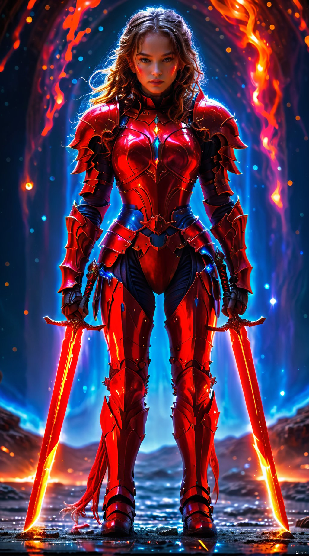  A female warrior in red armor, she stands alone among the stars, forming a magnificent picture with the planets and stars around her. Her armor was as red as fire, as if it could burn the universe, and the red dual swords  in her hand shone with a cold light, as if it could Pierce all obstacles. The female warrior's hair, red as fire, fluttered across the void of the universe, in stark contrast to her armor.
1 girl,full body,masterpiece,
render,technology, (best quality) (masterpiece), (highly detailed), 4K,Official art, unit 8 k wallpaper, ultra detailed, masterpiece, best quality, extremely detailed, dynamic angle,atmospheric,highdetail,exquisitefacialfeatures,futuristic,sciencefiction,CG, (wielding dual swords:1.2)