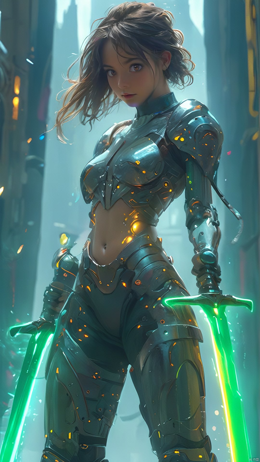  (Masterpiece, best picture quality), Cyberpunk, girl, French bangs, transparent belly:1.1, metal spine:1.2, aircraft background, dynamic perspective, cyborg, 1girl, 
, mecha, Realistic, (wielding dual swords:1.2), hold dual swords beyond head.