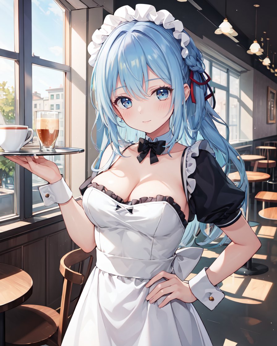 masterpiece,best quality,highres,ultra-detailed,solo,cowboy shot,1girl,medium_breasts,long hair,light blue hair,indoors,cafe,hand on hip,holding_tray,