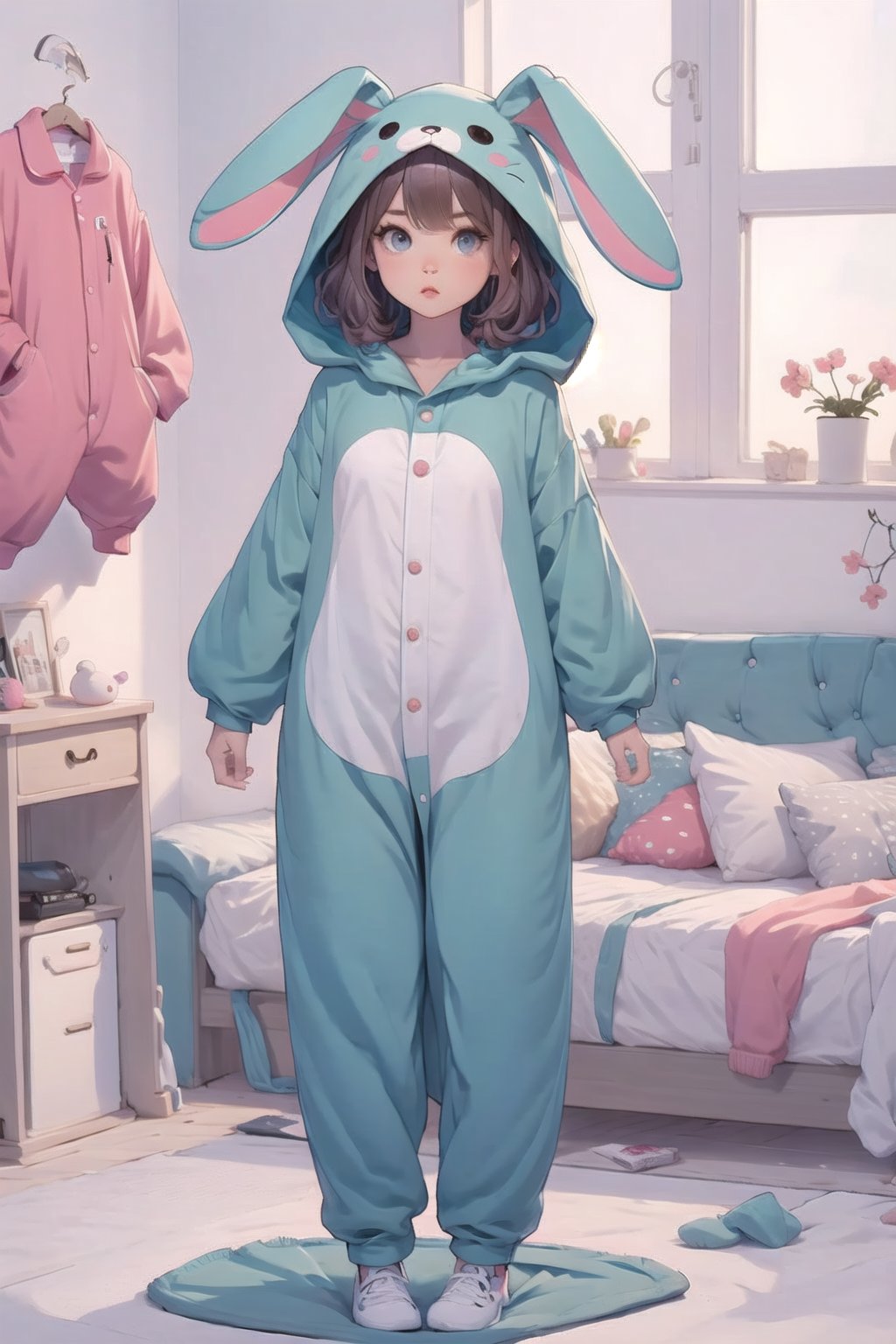 BnnBnn, 1girl, solo, full body, bunny onesie pajamas