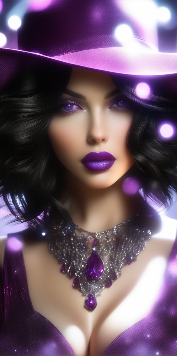 1girl, solo, breasts, looking at viewer, short hair, large breasts, black hair, hat, dress, cleavage, purple eyes, jewelry, necklace, nail polish, lips, ring, black nails (((realistic image)))