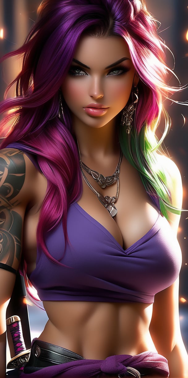 1girl, solo, long hair, breasts, looking at viewer, large breasts, navel, cleavage, brown eyes, jewelry, weapon, purple hair, earrings, midriff, belt, sword, necklace, lips, tattoo, katana, front-tie top, arm tattoo