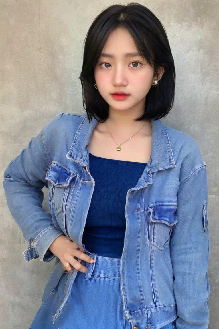 1girl,  solo,  looking at viewer,  short hair,  skirt,  black hair,  jewelry,  jacket,  earrings,  necklace,  black eyes,  hand on hip,  denim,  blue jacket,  realistic,  denim jacket, aargoldhk,<lora:EMS-302258-EMS:1.000000>