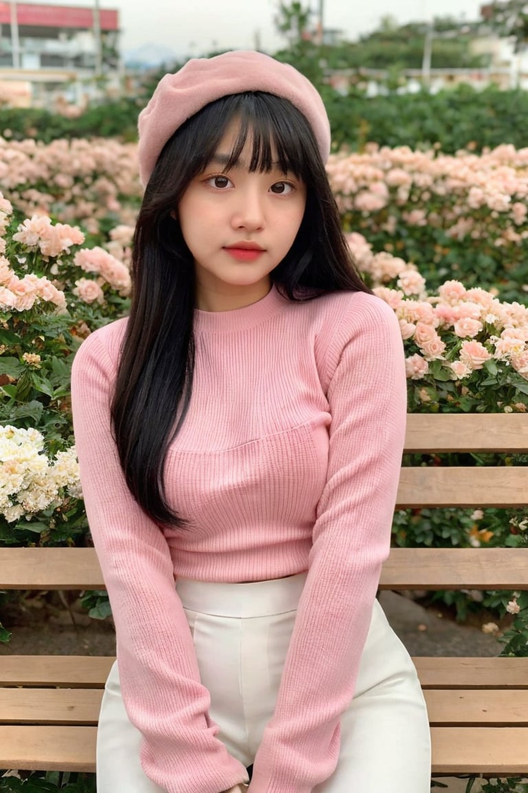 1girl,  solo,  long hair,  looking at viewer,  bangs,  black hair,  long sleeves,  hat,  holding,  upper body,  flower,  outdoors,  day,  blunt bangs,  mole,  blurry,  black eyes,  sweater,  mole under eye,  blurry background,  white headwear,  pink flower,  bouquet,  holding flower,  bench,  photo background, better_hands,<lora:EMS-302258-EMS:0.700000>