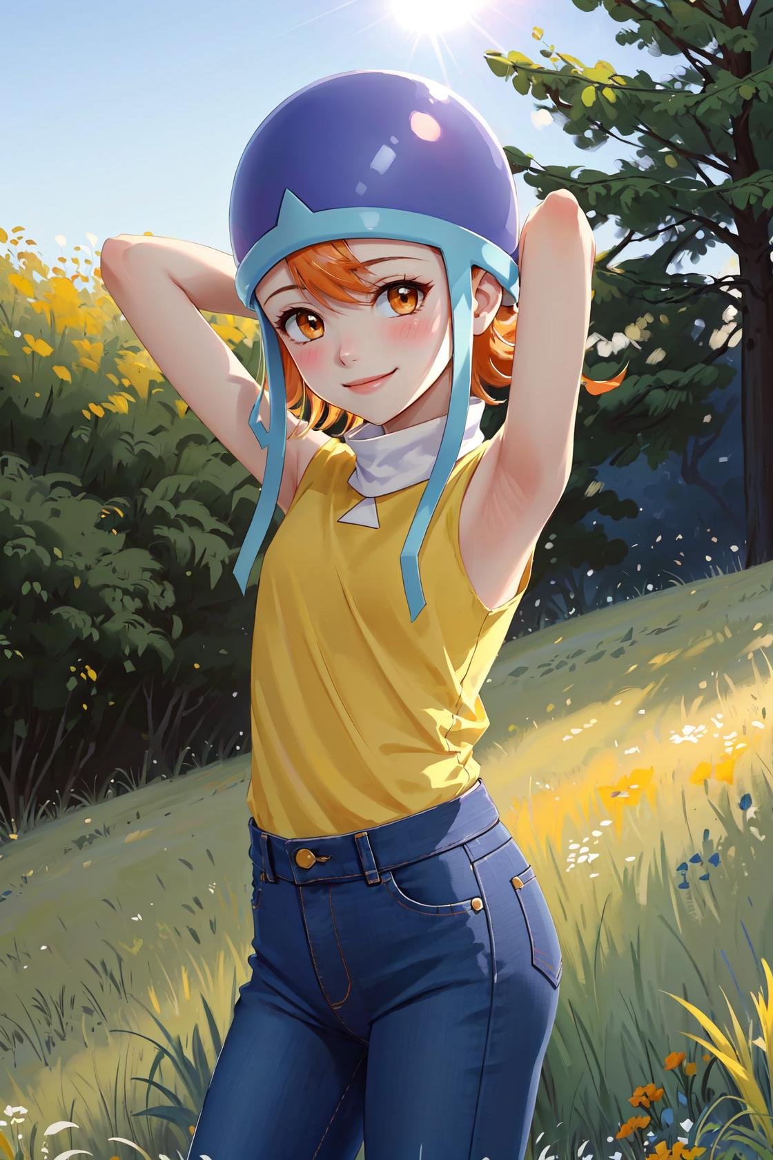 masterpiece, best quality, highres,SoraDef, 1girl, solo, blush, smile, short hair, orange hair, helmet, orange eyes, digimon, yellow shirt, shirt, sleeveless, pants, jeans,cowboy shot, arms behind head, arms_up, looking at viewer, outdoors, grass, field, forest, sunlight, sky, blue sky, <lora:Sora:1>