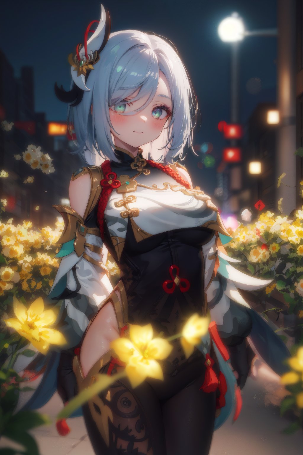 masterpiece, best quality, wallpaper, ray tracing,bokeh,float,1 girl, solo,character \(series\),shenhe \(genshin impact\), large breasts, blurry, blush, looking at viewer, beautiful detailed eyes, smile, closed mouth,yellow flowers, (night:1.3), intricate, bokeh,cinematic lighting, radiosity,cowboy shot,neon lights, cityscape, depth of field,shadows, sharp focus,good composition, green glowing light, <lora:Shenhe_Hard:0.95> 