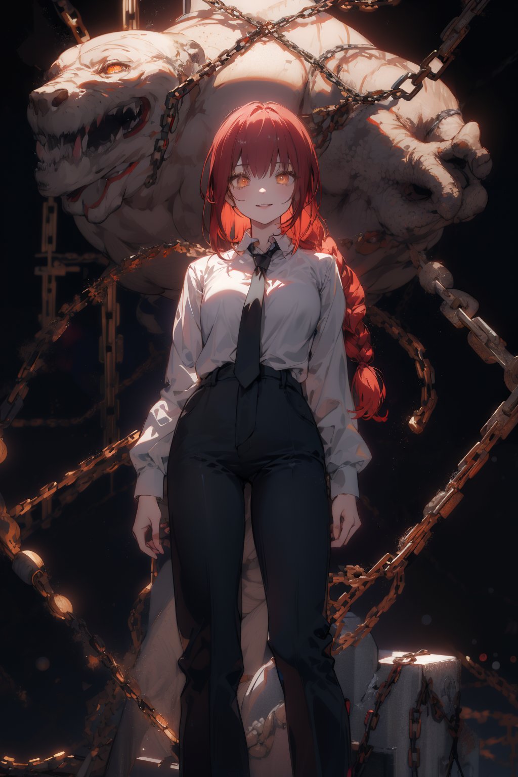 masterpiece, best quality, wallpaper, ray tracing,bokeh,float,sfw,makima \(chainsaw man\), best quality, ultra detailed, 1girl, solo, standing, red hair, long braided hair, golden eyes, bangs, medium breasts, white shirt, necktie, stare, smile, (evil:1.2), looking at viewer, (interview:1.3), (dark background, chains:1.3), <lora:makima_offset:1> , <lora:midjourney:0.6>