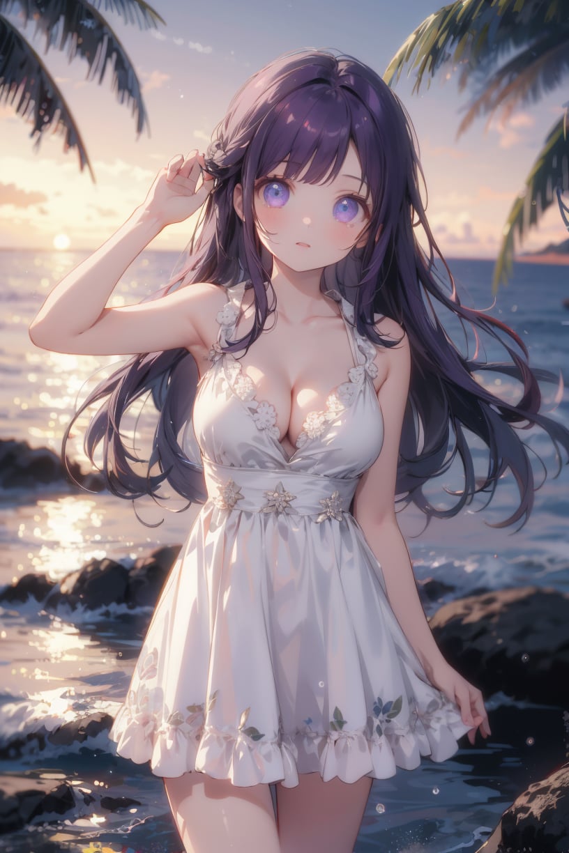 masterpiece, best quality, wallpaper, ray tracing,bokeh,float,perspective, depth of field, cowboy shot, pose,1girl, luminous eyes, perfect female body, breasts, cleavage, seductive expression, sleeveless dress, straight hair, Deep purple hair,in hawaii,outdoors, dusk, ocean,<lora:add_detail:0.2> <lora:Blurry eyes:0.7> <lora:midjourney:0.4>