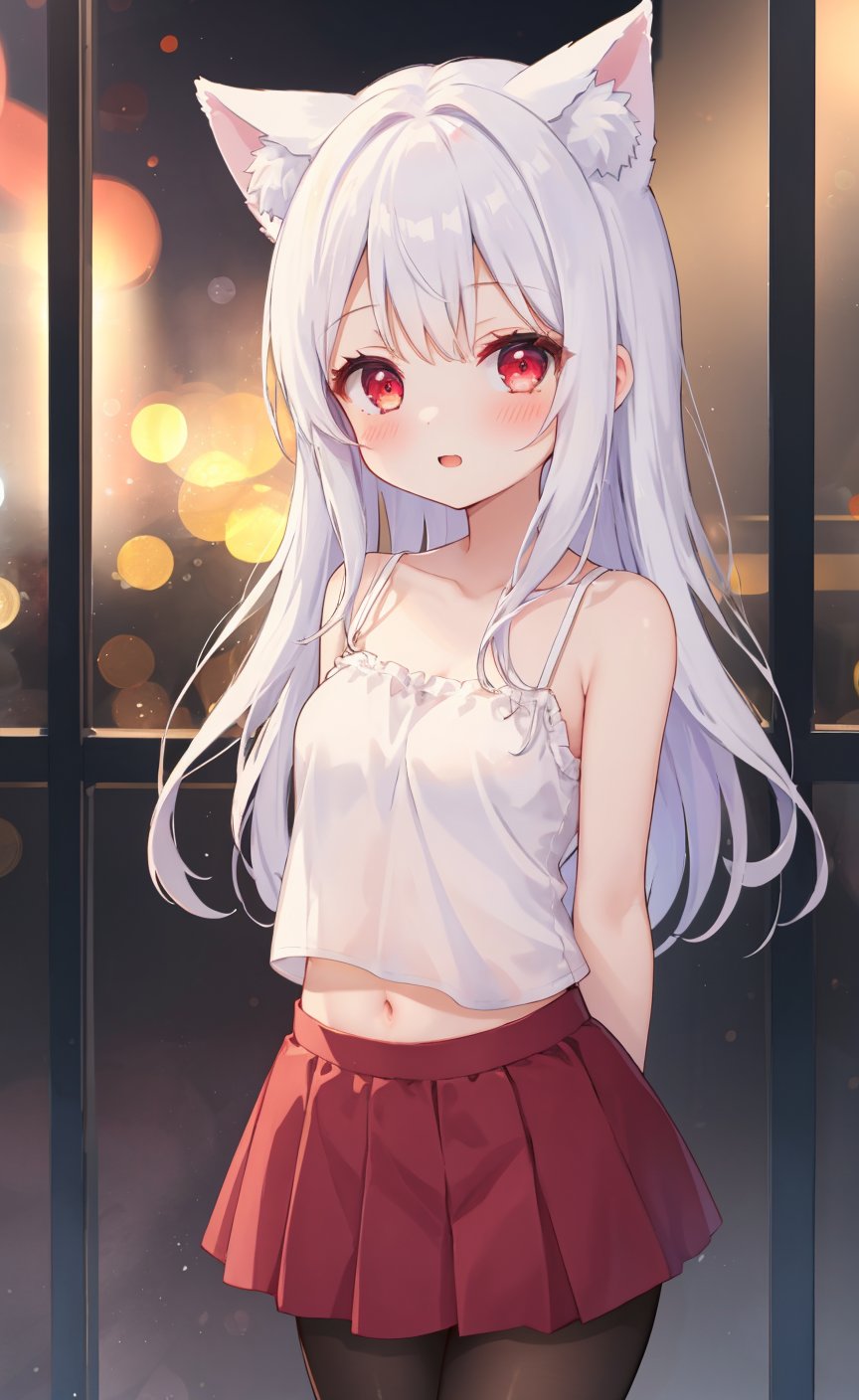 masterpiece, best quality, wallpaper, ray tracing,bokeh,1girl,loli,cute,white hair,long hair,cute,red eyes,[medium breasts] , lalazyt,atdan,moffle_(ayabi),[[[[[quan (kurisu tina)]]]]], 1girl, solo, animal ear fluff, blush, pantyhose, cowboy shot,midriff, camisole, bangs,  scenery, looking at viewer, arms behind back,