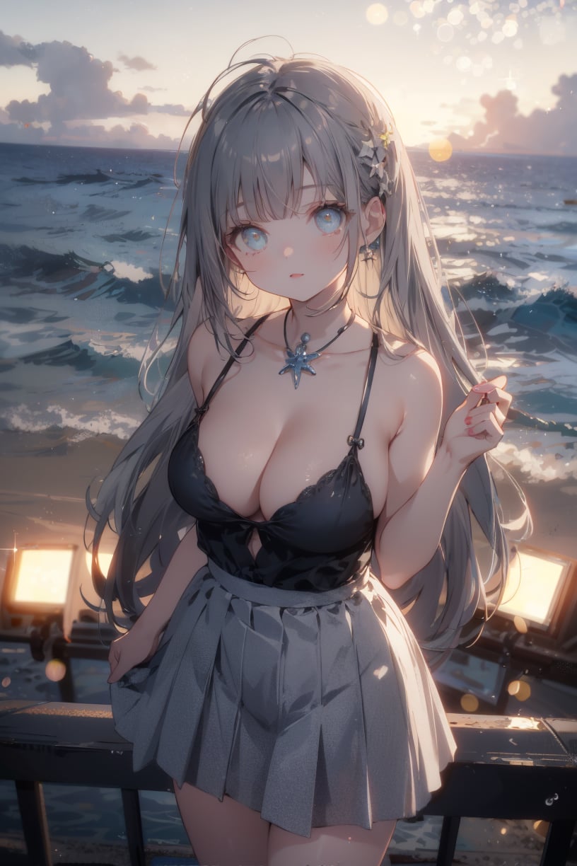 masterpiece, best quality, wallpaper, ray tracing,bokeh,float,perspective, depth of field, cowboy shot, pose,1girl, luminous eyes, perfect female body, breasts, cleavage, seductive expression, pleated dress, Bangs, Dark gray hair,in hawaii,outdoors, dusk, ocean,<lora:add_detail:0.2> <lora:Blurry eyes:0.7> <lora:midjourney:0.4>