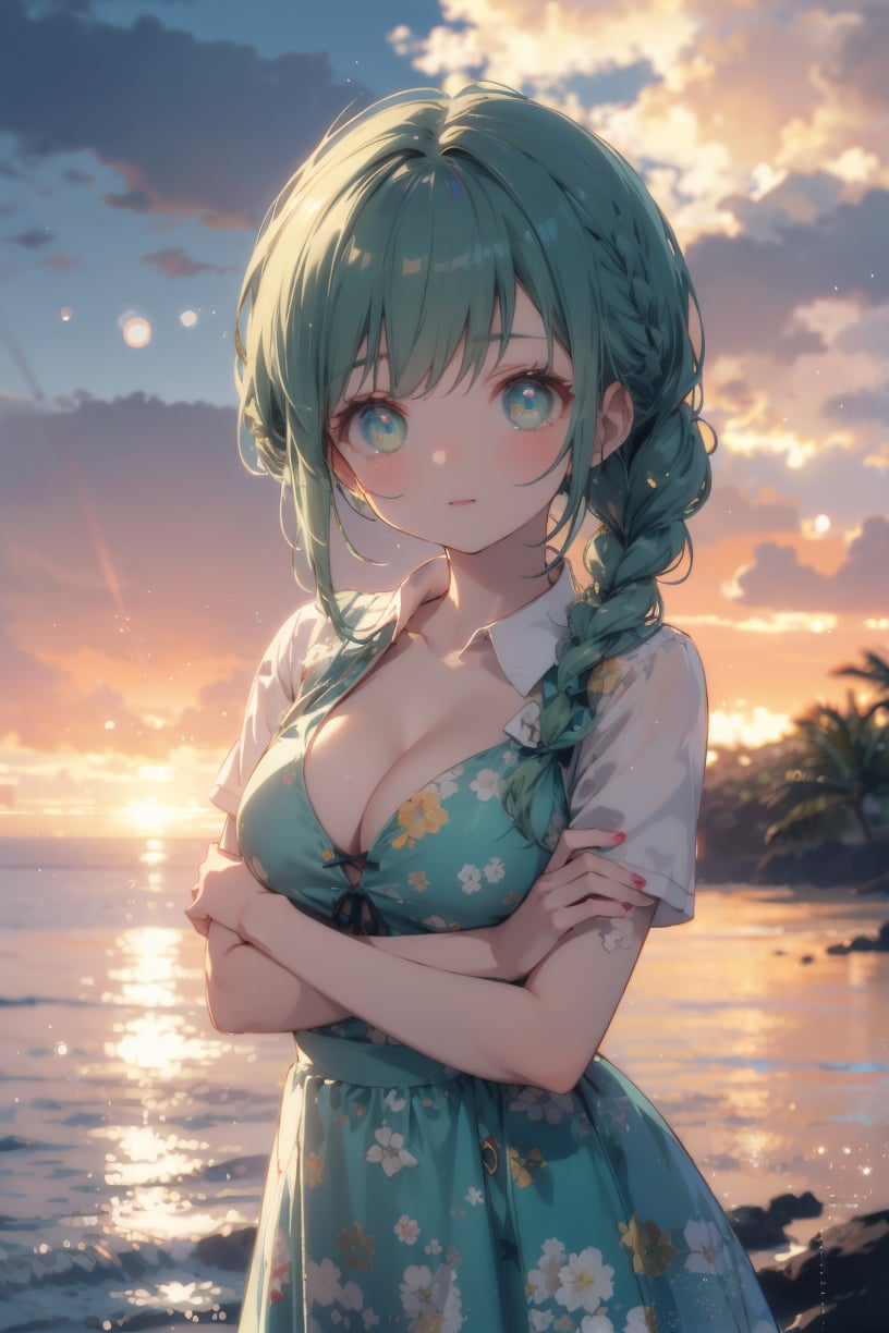 masterpiece, best quality, wallpaper, ray tracing,bokeh,float,perspective, depth of field, cowboy shot, pose,1girl, luminous eyes, perfect female body, breasts, cleavage, seductive expression, collared dress, Braided bangs,, Green hair,in hawaii,outdoors, dusk, ocean,<lora:add_detail:0.2> <lora:Blurry eyes:0.7> <lora:midjourney:0.4>