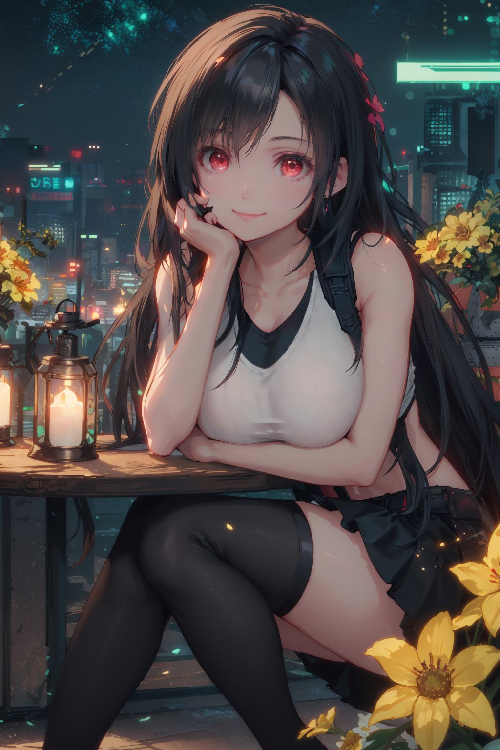 masterpiece, best quality, wallpaper, ray tracing,bokeh,float,1 girl,cute, solo, (tifa lockhart), (big breasts),(beautiful detailed eyes), (smile:1.2), (closed mouth),neon lights, cityscape, depth of field,shadows, sharp focus,good composition, green glowing light,Final Fantasy VII, black hair, taut shirt,black skirt, thighhighs, head rest, lips,pretty face, low-tied long hair, ((red_eyes)),yellow flowers, (night:1.3), intricate, bokeh,cinematic lighting, photon mapping, radiosity,<lora:tifa_v2.3:0.95>