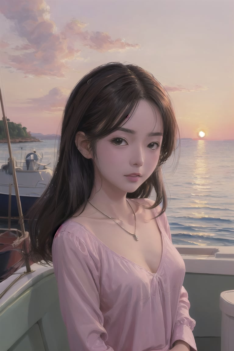 necklace, (((Masterpiece))) , 
,MagenFace, face only, headshot,  sunset, by the sea, boat,anime, painting, illustration, V neck pink blouse,