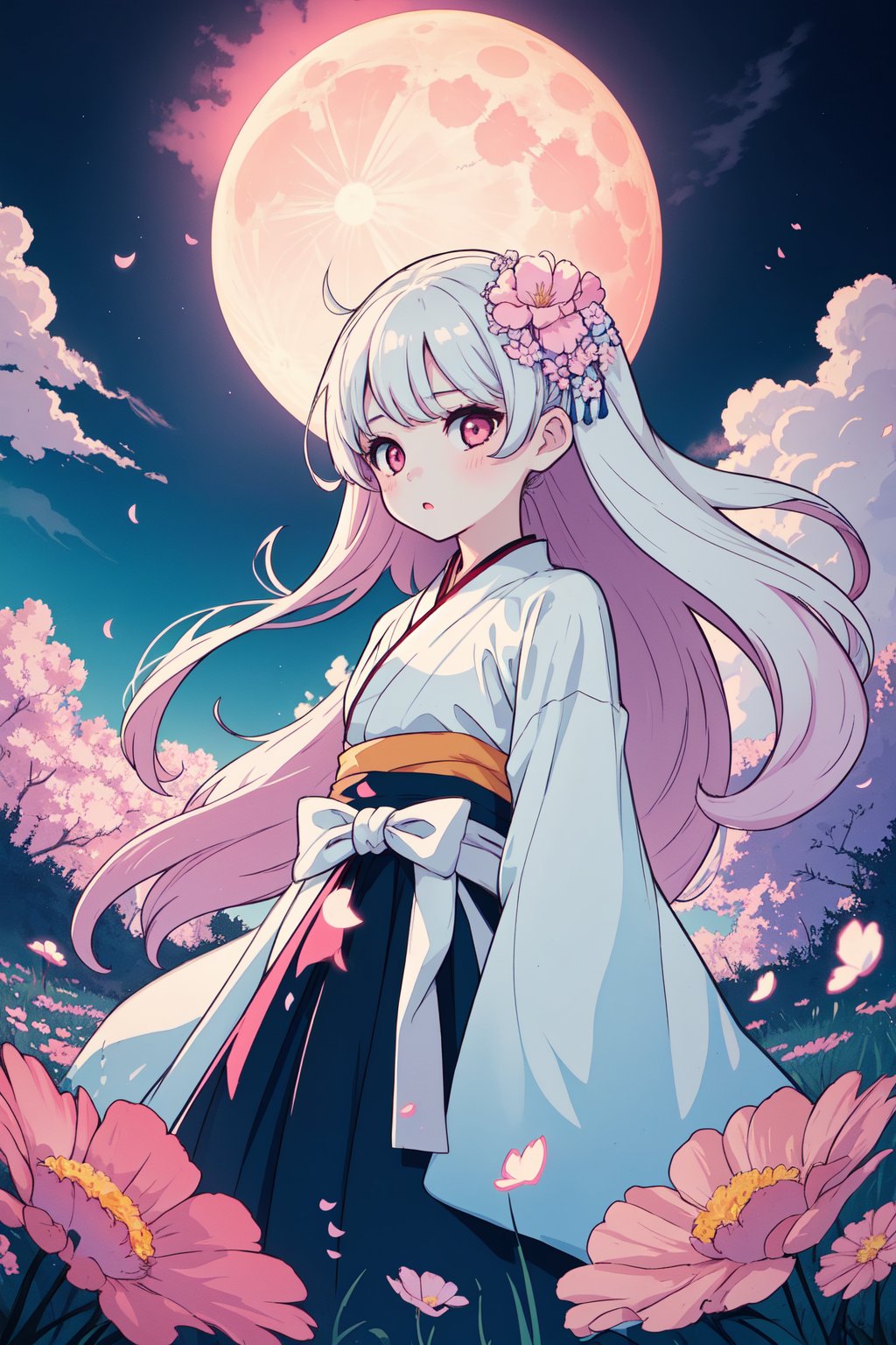 1girl, colorful, bustshot, white long hair, solo, hanfu, skirt, flyingpetal, Flowery meadow,sky, cloudy_sky, sea, moon, night, light, fantasy, Fisheye lens,synthwave,